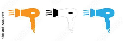 Three hair dryers in different colors and styles isolated on a white background