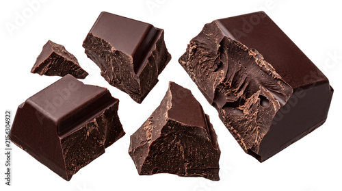 Quadro su tela Broken dark chocolate chunks on black png isolated on transparent background