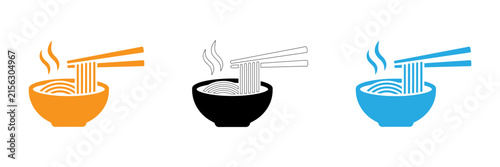 Noodle bowl icons in three color variations orange black and blue
