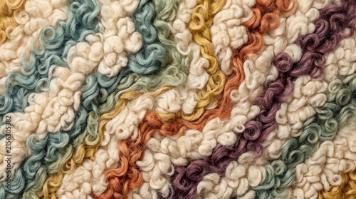 Textured colorful wool rug with wavy diagonal stripes