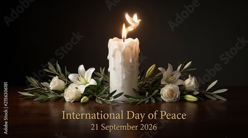 International day of peace candle with dove shaped flame and white flowers