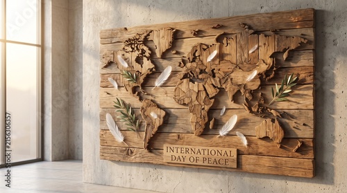 Wooden world map with feathers and olive branches, symbolizing global peace