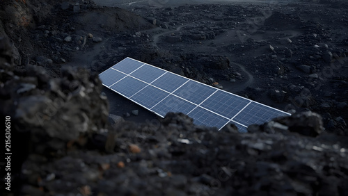 Modern solar panel array installed in a dark, rocky, barren landscape, representing renewable energy and sustainable technology.