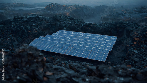 Modern Solar Panel Array Installed in Barren Rocky Landscape, Sustainable Energy Concept