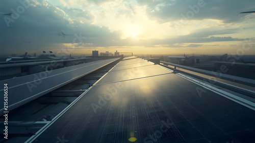 Modern solar panel farm on rooftop near airport at sunrise, clean energy concept