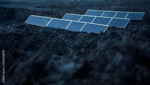 Modern Solar Panels Array on Dark Rocky Terrain, Sustainable Energy Generation, Clean Power Technology