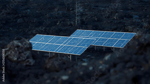 Modern solar panels array installed in a dark, rocky, desolate landscape, generating clean renewable energy.