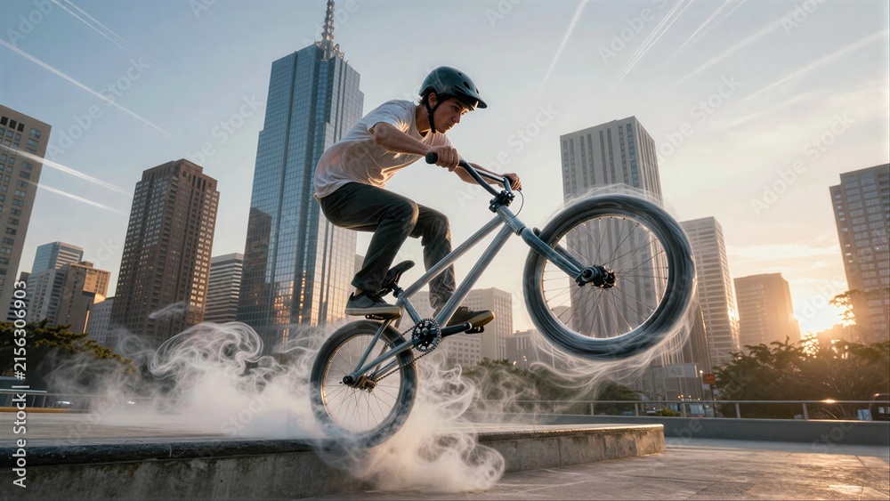 Fototapeta premium Biker performs trick mid-air with smoke effect against city skyline at sunset.