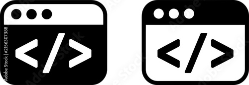 Browser code icon set, web development symbols in black and white.