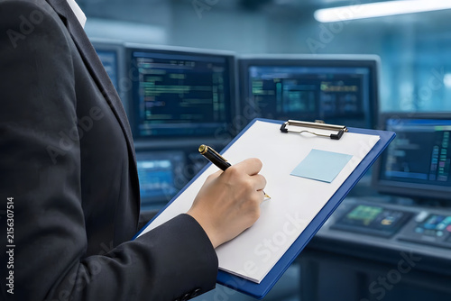 A person in a suit holds a clipboard and pen in front of multiple computer monitors displaying data. The scene appears to be a control room or data center.