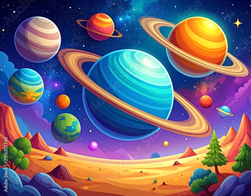 Colorful planets and moons in outer space scene.