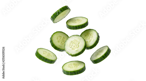 Fresh cucumber slices scattered mid air showing seeds and crisp texture captured as an isolated PNG with transparent background