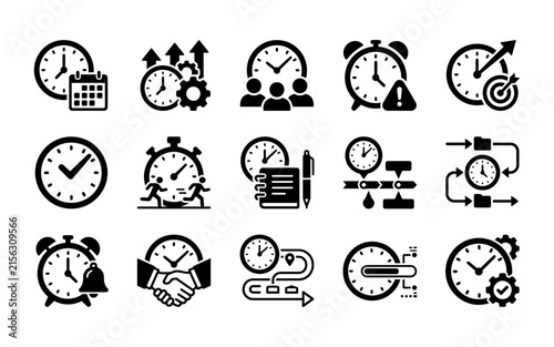 Set of fifteen business time management icons featuring clock and schedule symbols isolated on transparent background black silhouette