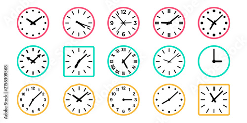 Collection of various clock face designs featuring a distinct black silhouette style isolated on transparent background for graphic design projects