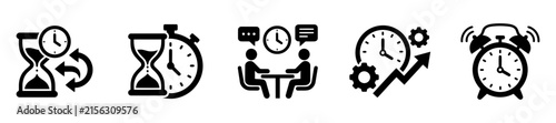 Collection of professional time management and business productivity icons featuring black silhouettes isolated on a clean and simple transparent background design