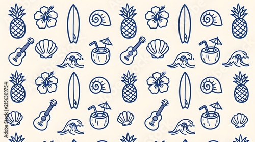 Seamless pattern with hand drawn summer tropical icons featuring pineapple hibiscus surfboard seashell guitar and cocktail