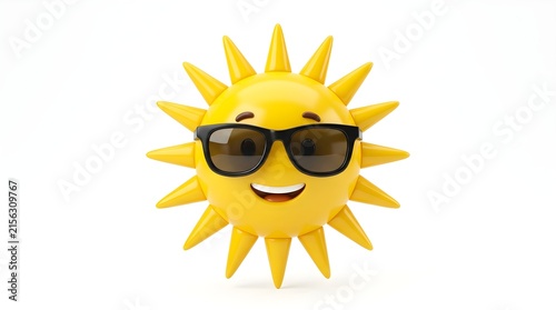 A happy yellow sun character with a big smile wearing black sunglasses representing a bright summer day and fun weather
