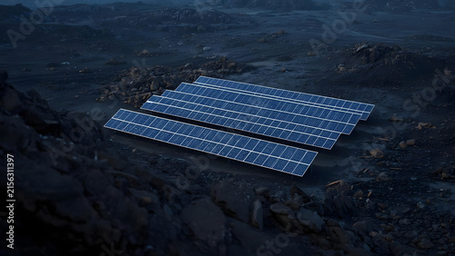 Remote Solar Panels in Barren Landscape at Dusk - Sustainable Energy in Isolated Environment
