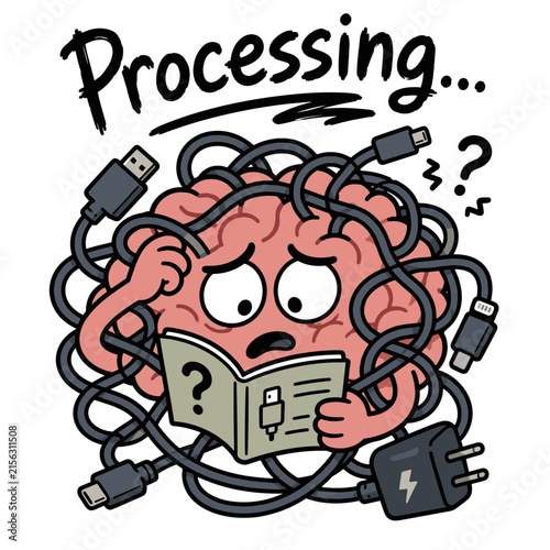 Anxious brain tangled in cables while processing information