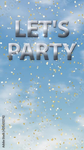Vertical Animation of Let's Party Text with Falling Gold Confetti