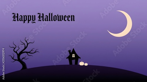 A spooky and enchanting halloween scene with a silhouetted house crescent moon and bare tree in a purple nightscape