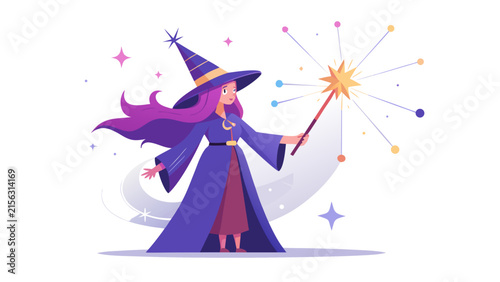 Bild auf Leinwand Cute witch character casting magic spell with star wand character illustration m