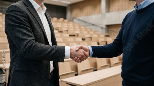 Professional handshake between two men in a lecture hall setting