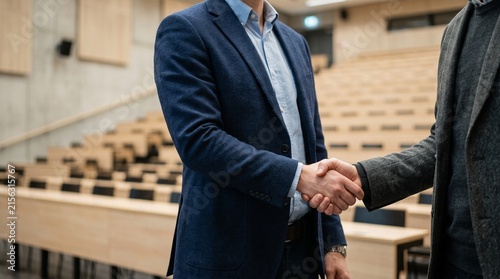 Professional handshake in a modern university lecture hall setting