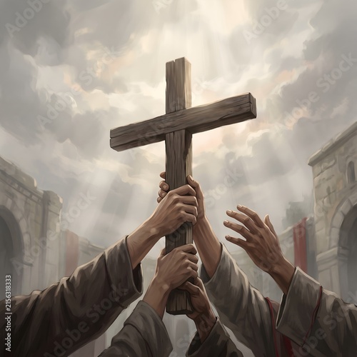 Exaltation of the Holy Cross with Symbolic Hands Reaching Toward the Light, Christian Illustration