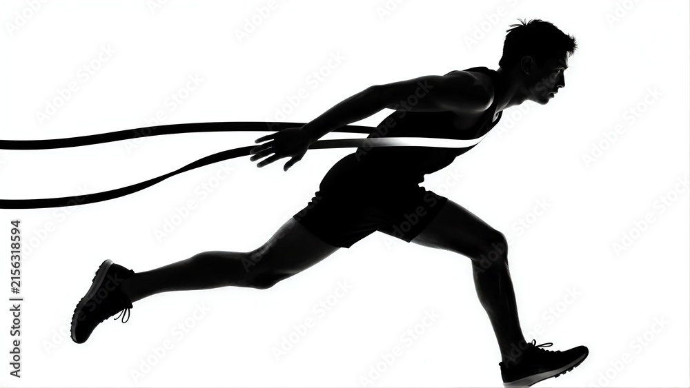 Fototapeta premium Silhouette of athlete sprinting with rope, dynamic motion captured in stark black and white.