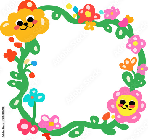 Colorful Floral Wreath Illustration With Cute Characters