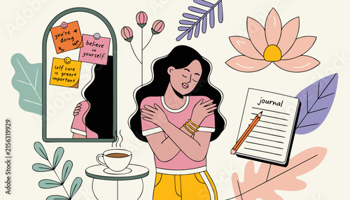 Self-care and mental health illustration featuring a woman hugging herself with positive affirmations journaling and floral elements for wellness and self-love concepts
