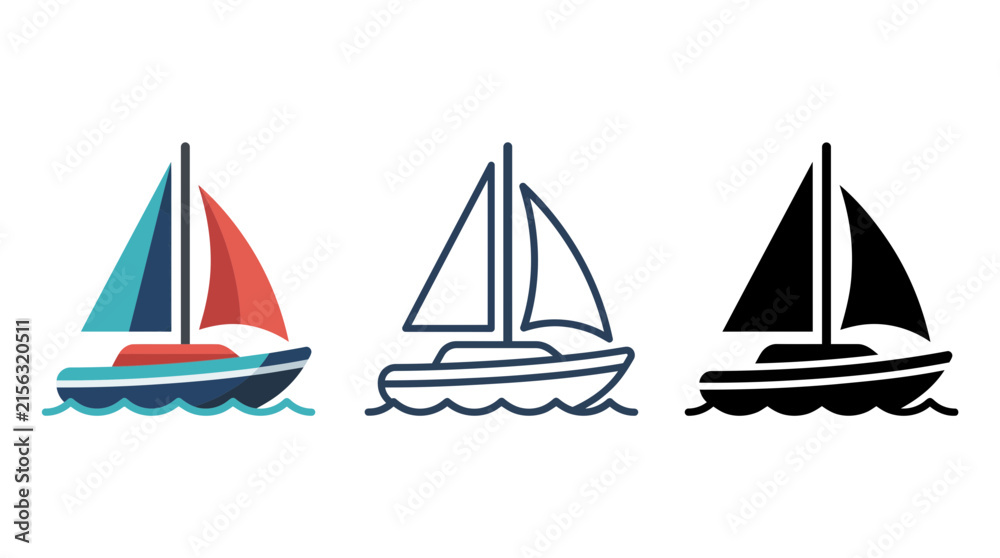 Naklejka premium Floating sailboat yacht vector icon set featuring colored outline and solid black silhouette styles isolated on a white background