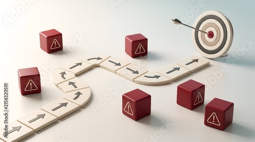 Risk assessment journey navigating around danger warning signs towards business objective target