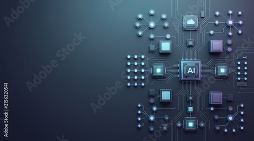 Artificial Intelligence CPU on Motherboard Concept with Neural Network Connections and Blue Lighting, Dark Futuristic Technology Background