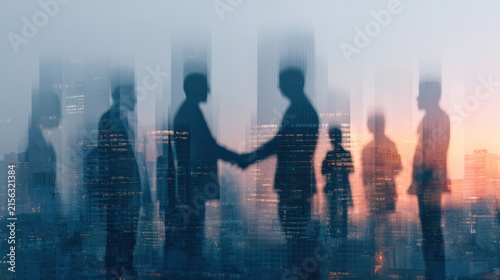 Business conference group meeting with diverse business professionals against modern city office building background, representing corporate partnership, successful business deal, teamwork, trust, agr