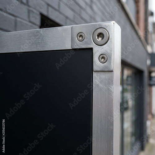 Close-up of a brushed aluminum metal frame corner with L-shaped corner bracket plates and countersunk hex bolts mounted outdoors against a dark brick building facade.