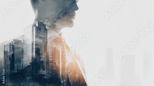 Double exposure of business concept with modern building architecture, corporate office skyline, financial growth, professional workplace, commercial development, urban construction, corporate strateg