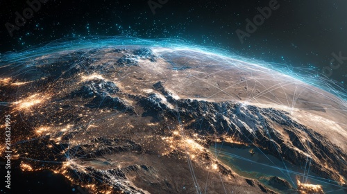 Earth in space with blue lines connecting salt lake city to cities around the world for global travel, international business, worldwide communication, and global connectivity