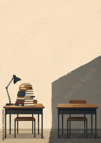 Education inequality gap concept with books and empty classroom desk