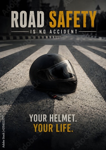 Road safety poster with helmet on crosswalk your helmet your life