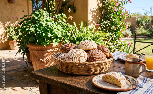 An outdoor breakfast table scene with a basket of concha sweet breads under bright sunlight in a sunny patio setting,  Sun-drenched sugar shell crusts showing crystalline sugar