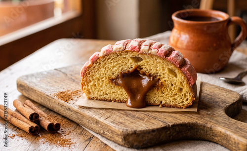 Mexican concha sweet bread stuffed with rich dulce de leche filling, placed on a rustic wooden board,  Golden baked sponge texture and dripping thick caramel cream filling in center cut. 