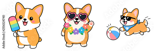 Cute corgi cartoon dog summer fun with colorful ice cream glasses flower lei sunglasses beach ball playful character