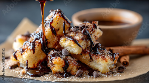 Golden churros drizzled with chocolate and coated in cinnamon sugar, served on parchment paper for festive dessert menus and food truck favorites.