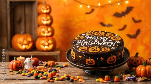 A festive halloween cake decorated with pumpkins and bats on a rustic wooden table for holiday celebration