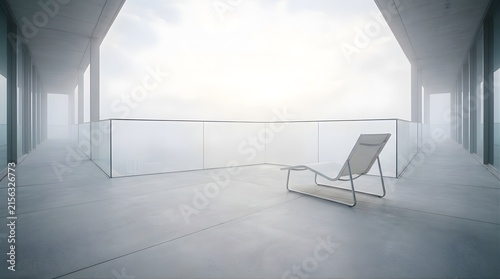Modern lounge chair on a minimal balcony overlooking a foggy sky