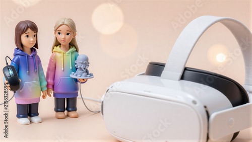 Two children with rainbow hoodies stand beside a VR headset, one holding a small statue.
