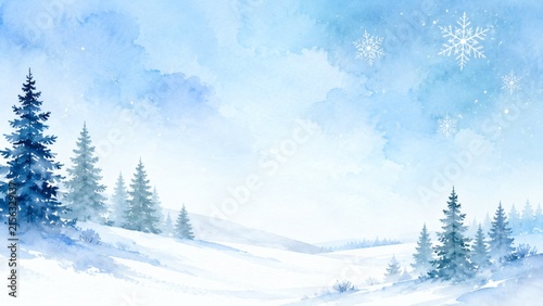 Winter Wonderland: A serene watercolor painting depicts a tranquil winter landscape with snow-covered pine trees and gentle hills under a soft blue sky, adorned with delicate snowflakes.