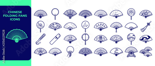 Chinese folding fans icon set vector oriental hand fan symbols line style